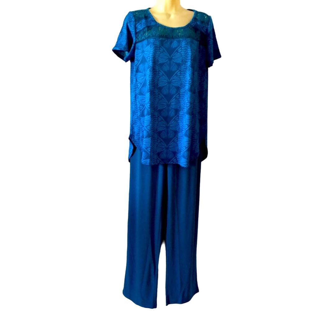 Antthony Originals 2pc Knit Top & Pants Woman Size Small Print Top Lace Inset
